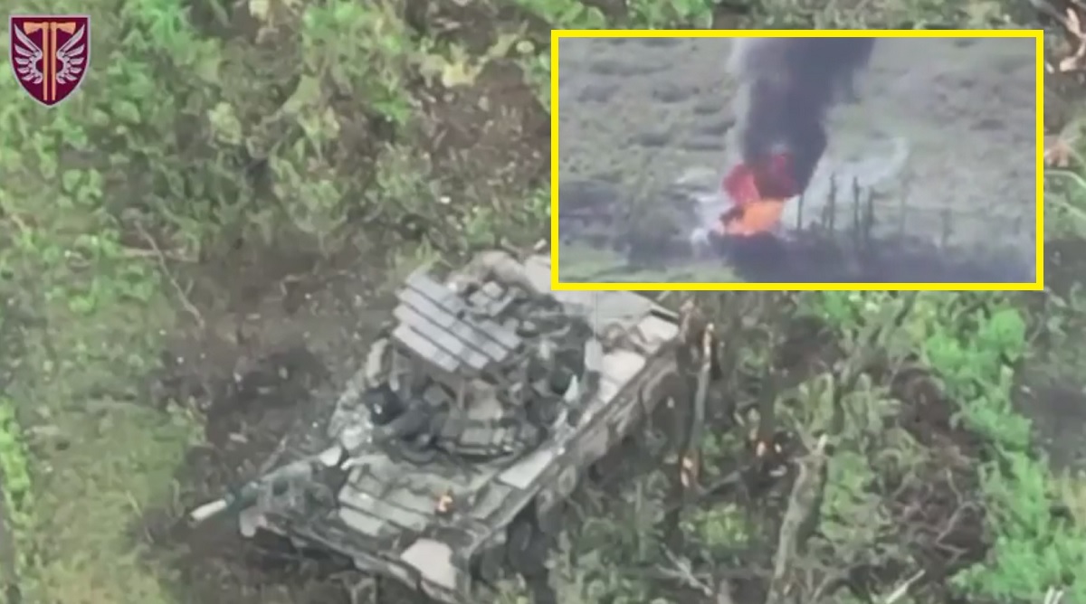 Gli economici droni kamikaze ucraini hanno bruciato un carro armato russo T-80BV con il sistema di difesa dinamica Contact-1