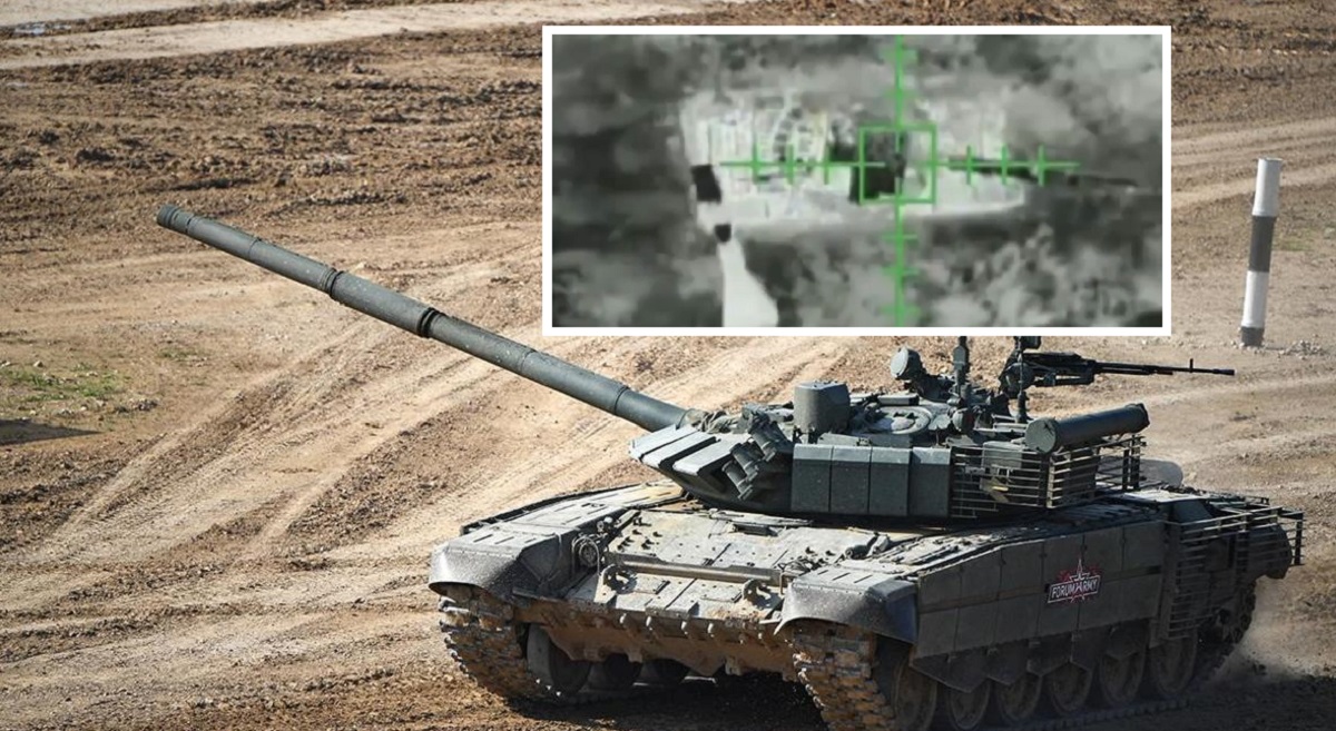 Ukrainsk dronebomber kastet granater mot russisk modernisert T-80BVM-stridsvogn