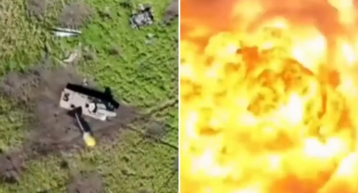 A Ukrainian quadrocopter spectacularly ripped to pieces a Russian UR-77 "Meteorite" self-propelled demining rocket launcher with 700kg of explosives with a single grenade