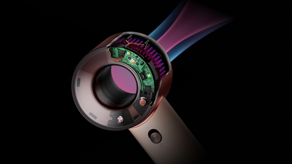The digital motor spins at 110,000 RPM for high-velocity drying. Illustration: Dyson