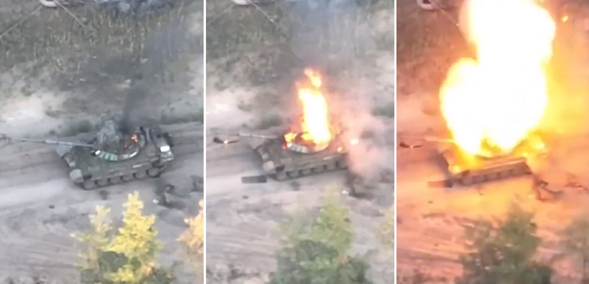 Ukrainische FPV-Drohnen mit Artillerie zerstörten einen russischen modernisierten T-72B3-Panzer