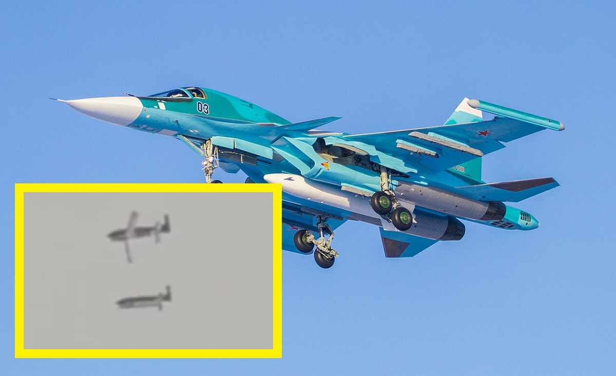 La propaganda rusa difundió el primer vídeo de un lanzamiento análogo de JDAM por un caza Su-34, que muestra una bomba FAB-500 M62 con un módulo de planificación y corrección