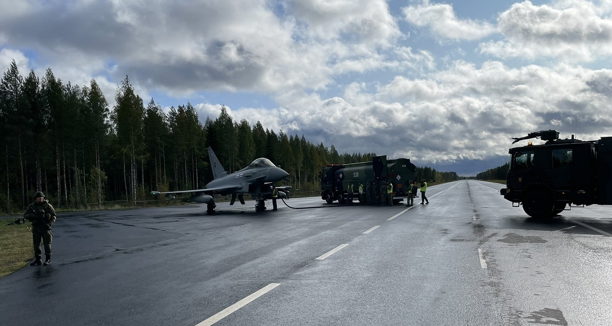 British Eurofighter Typhoon FGR.4 fighter jets, along with F-35 Lightning IIs, practised take-off and landing on a public road