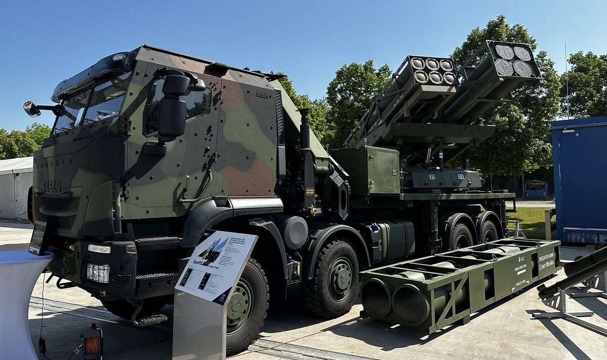 KMW and Elbit showcase the Euro-PULS system on an IVECO chassis with launcher for GMLRS M31, Accular, EXTRA, Predator Hawk, NSM and JSF-M missiles