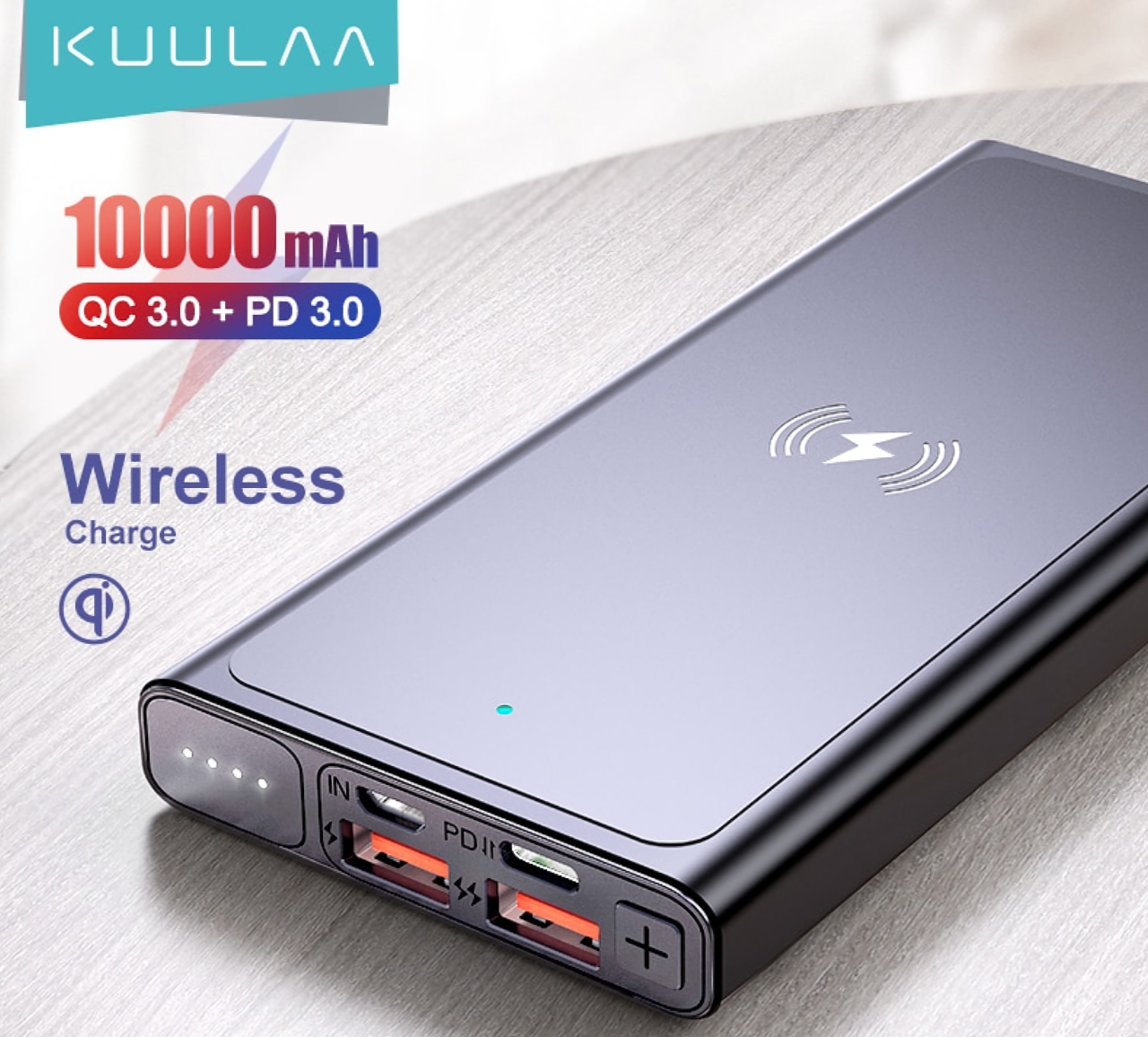 KUULAA 10000mAh Powerbank with four ports and wireless charging for $15