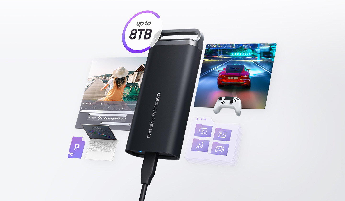 Samsung T5 EVO: SSD-Laufwerk mit bis zu 8 TB Kapazität und Übertragungsgeschwindigkeiten von bis zu 460 MB/Sekunde