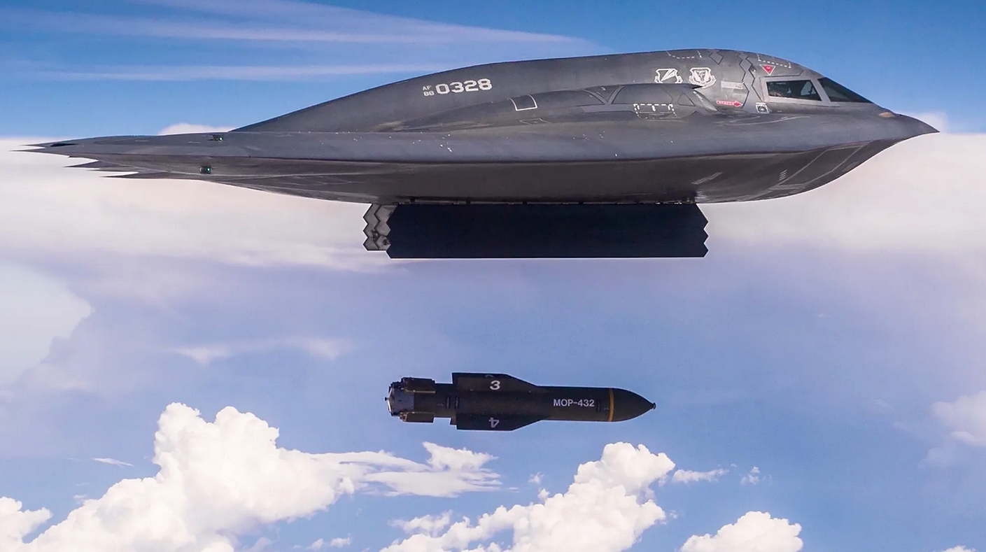 The US Air Force shows the combat version of the world's most powerful non-nuclear GBU-57/B MOP bomb for the B-21 Raider, B-2 Spirit and B-52H Stratofortress nuclear bombers