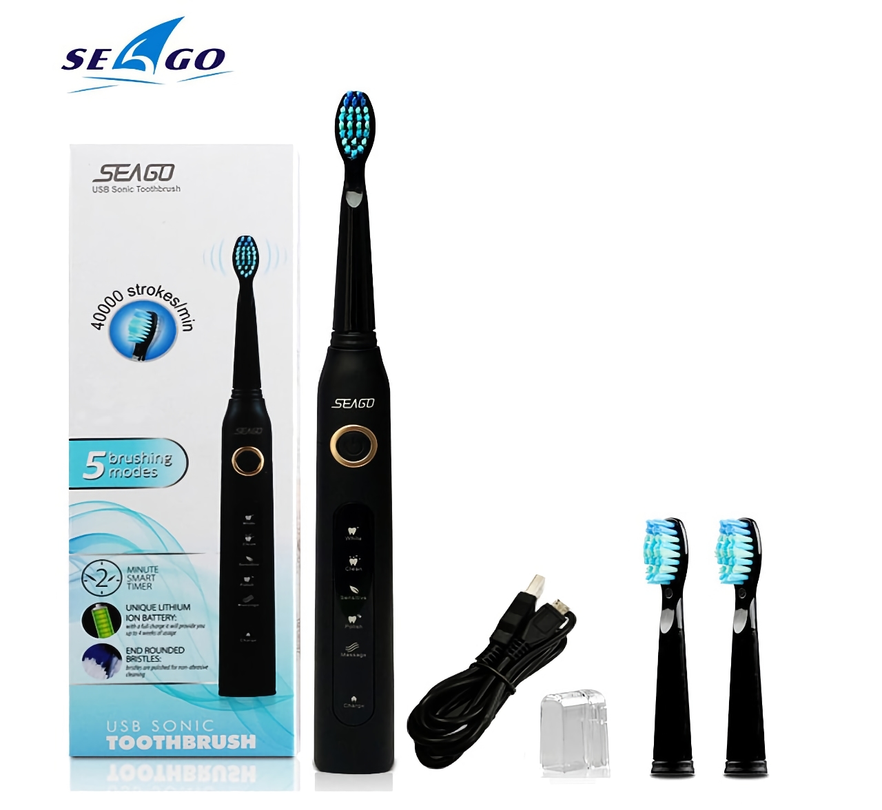Seago Sonic SG507: elektrische Zahnbürste mit drei Bürstenköpfen, Wasserschutz und fünf Betriebsmodi für $14