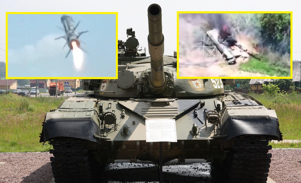 Ukrainian defence forces spectacularly destroyed a Russian T-72A tank with a KMT-6 minesweeper using a Javelin missile
