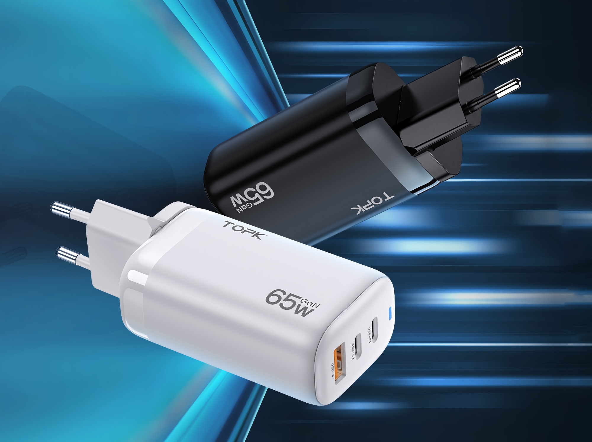 GaN-зарядка TOPK із потужністю в 65 Вт, трьома портами USB та європейською вилкою за $22