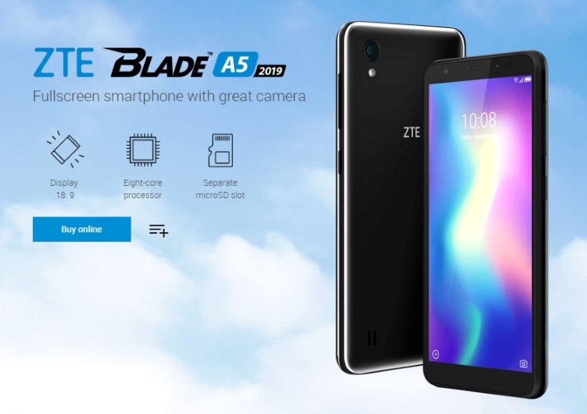 ZTE Blade A5 2019: urządzene z najniższej półki z 5,45 cala wyświetlaczem 18: 9, i ośmiurdzeniowym procesorem za 100 $