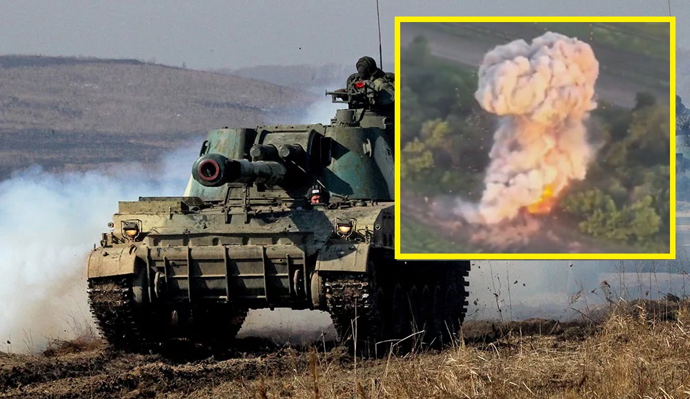 Ukrainische FPV-Drohne zerstört spektakulär die russische 152-mm-Panzerhaubitze 2S3 Akatsiya