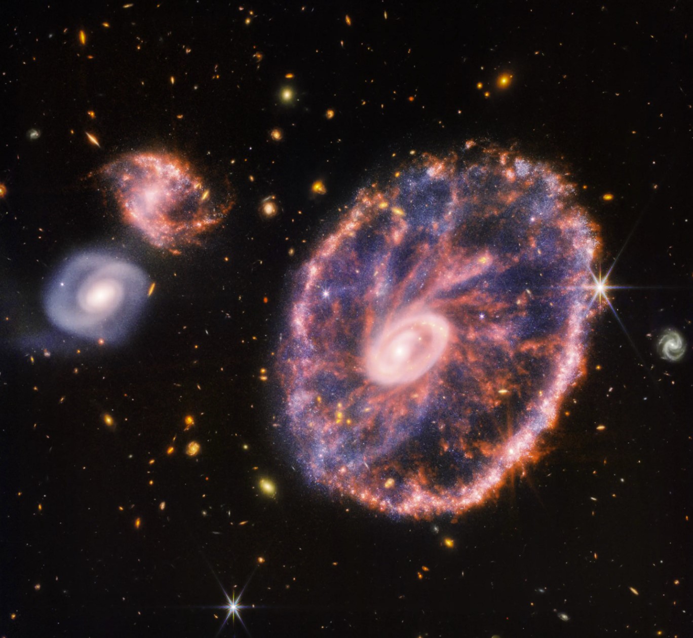 Nuevas e impresionantes fotos de la galaxia Cartwheel tomadas por el telescopio espacial James Webb.