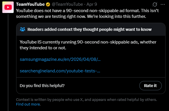 Notes de la communauté X contredisant YouTube