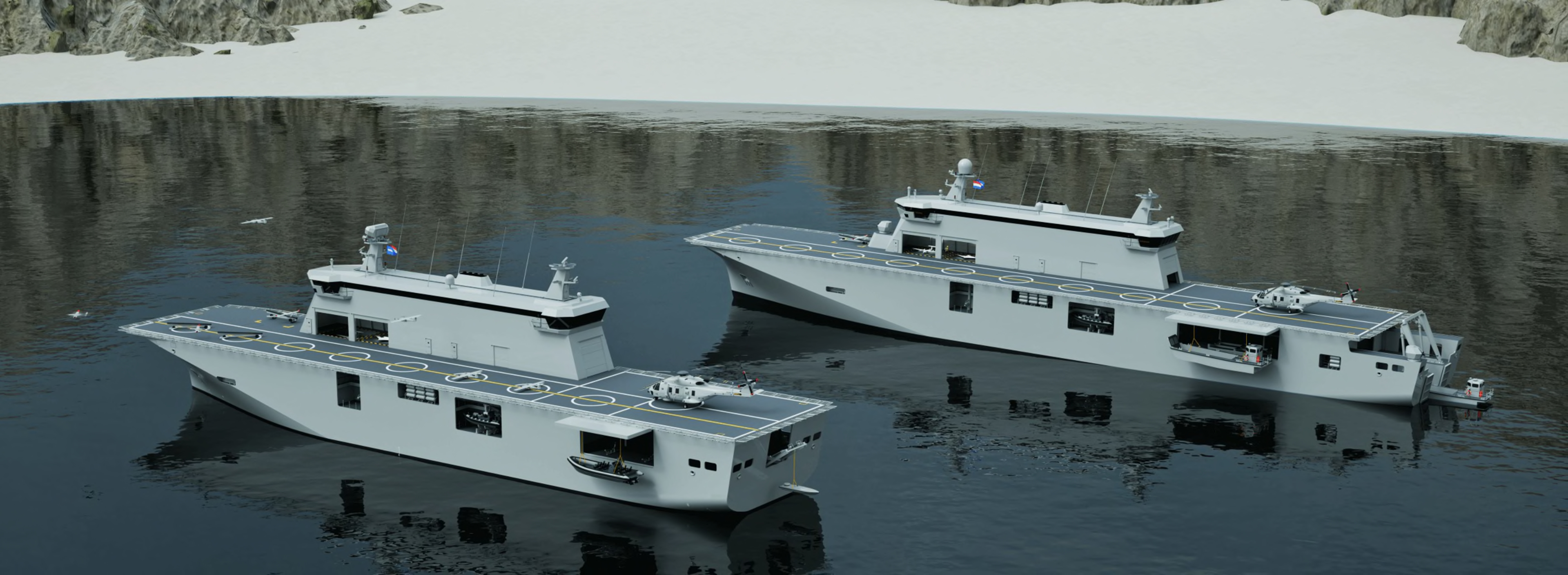 Vliegdekschip voor drones: Portugal heeft bij Damen Shipyards Group een multifunctioneel ondersteuningsschip besteld dat verschillende soorten drones kan vervoeren