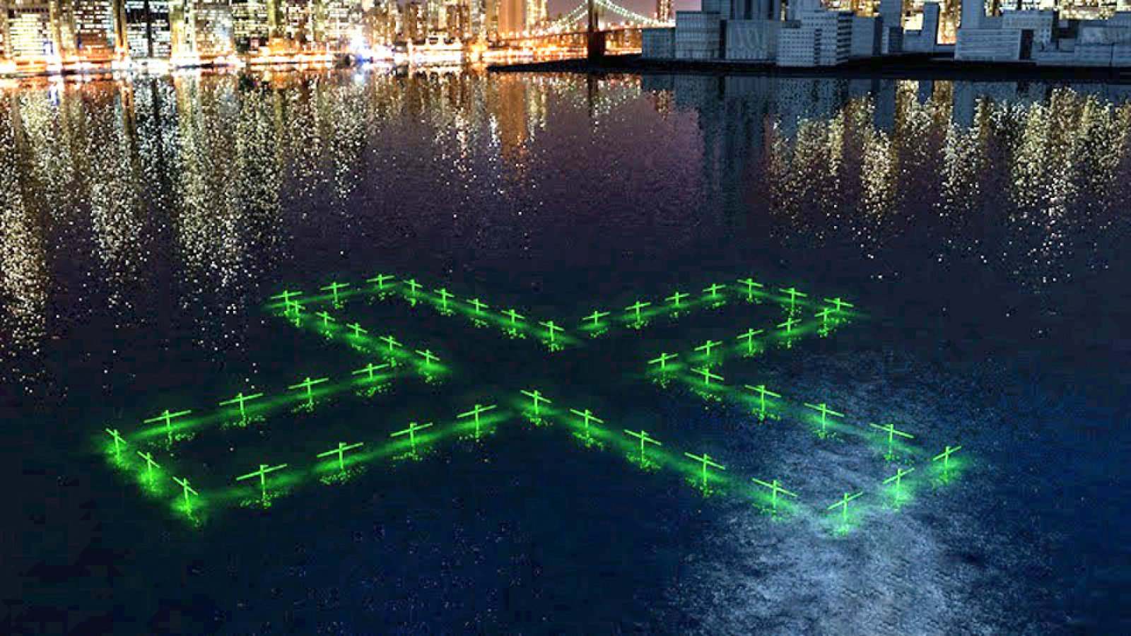 Pływające instalacja z podświetleniem pokazuje jakość wody w Nowym Jorku
