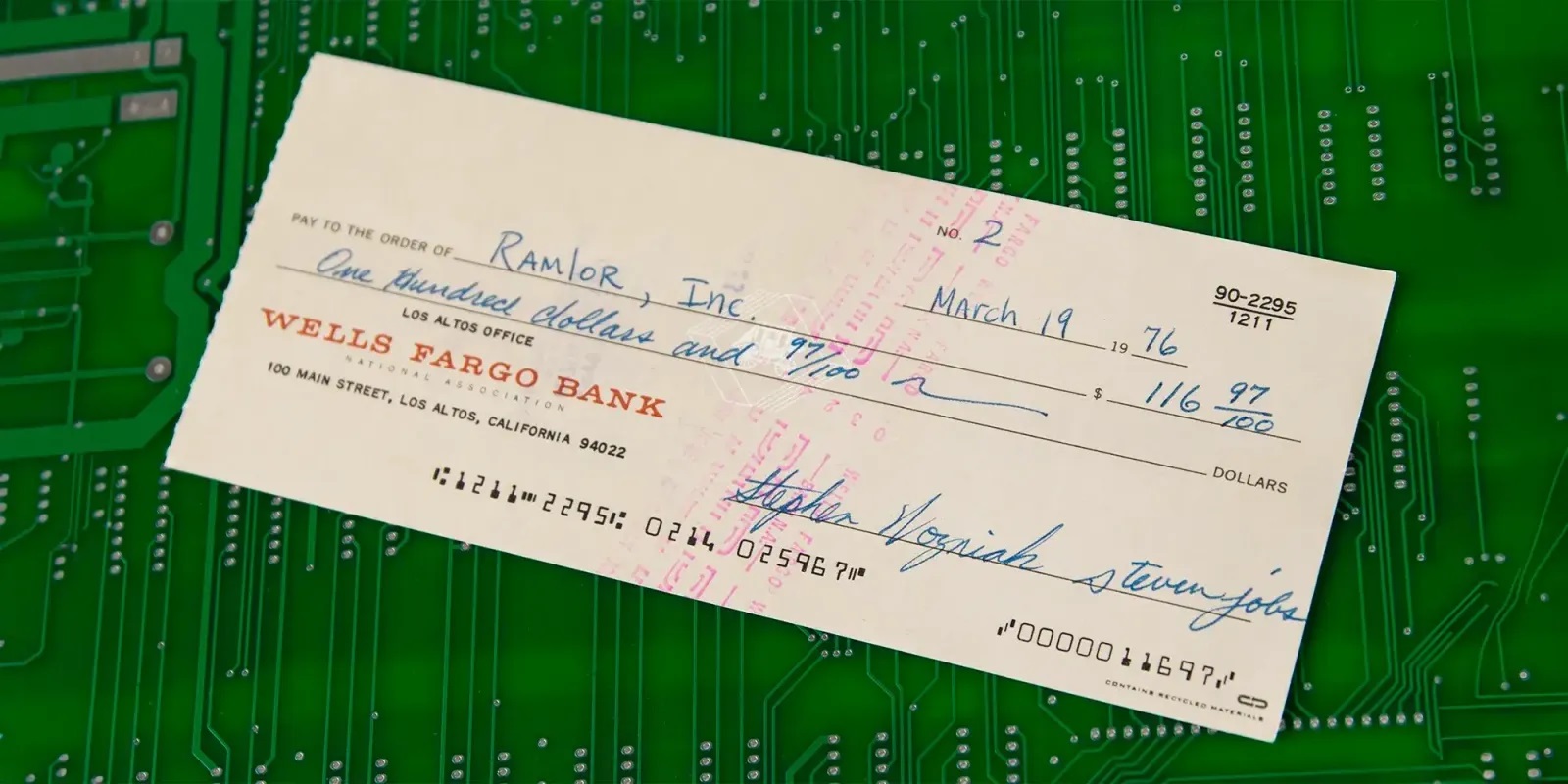A 1976 Apple cheque signed by Jobs and Wozniak sold at auction for $135,000