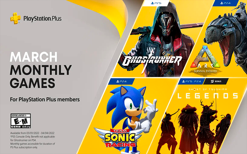Передплата PlayStation Plus у березні: Ghostrunner, виживалка ARK: Survival Evolved та приємний бонус Ghost of Tsushima: Legends