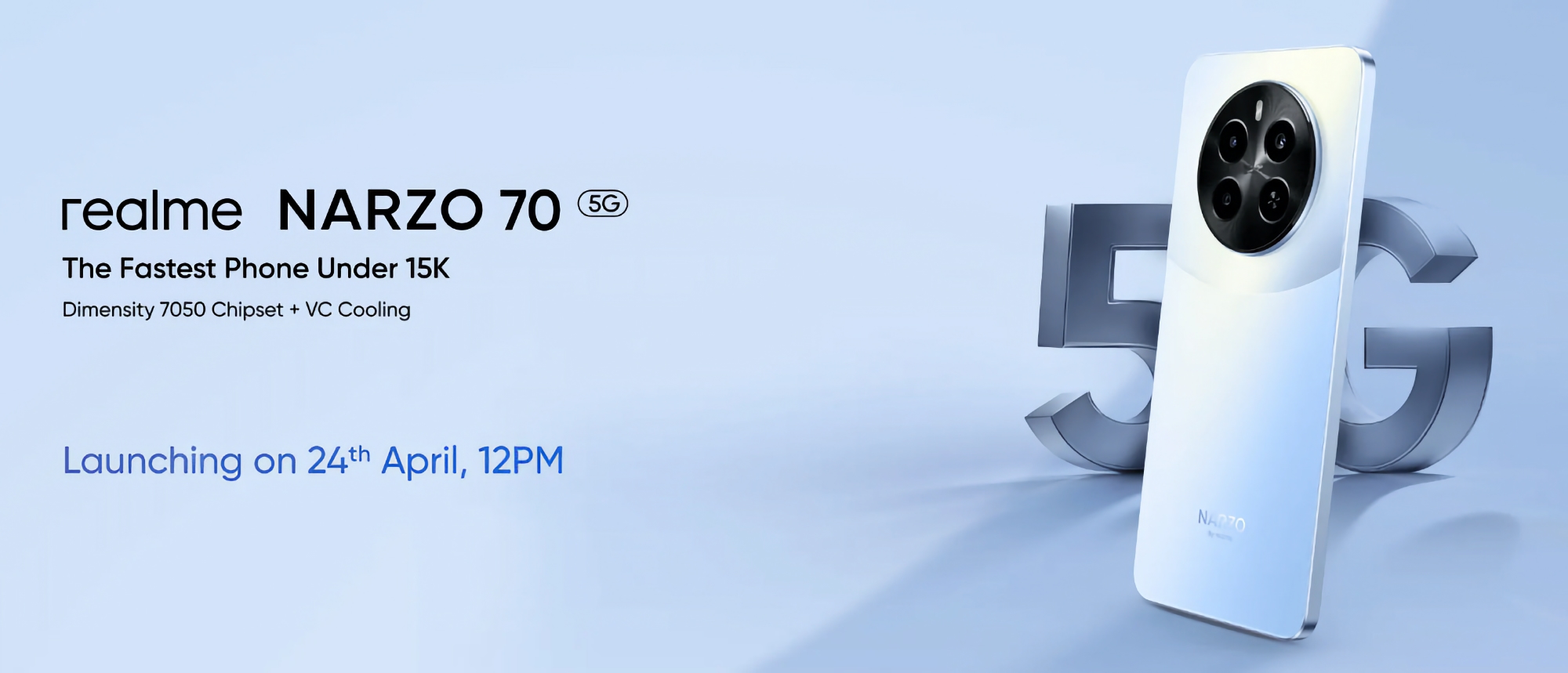 Det er offisielt: realme Narzo 70 5G med MediaTek Dimensity 7050-brikke debuterer 24. april.
