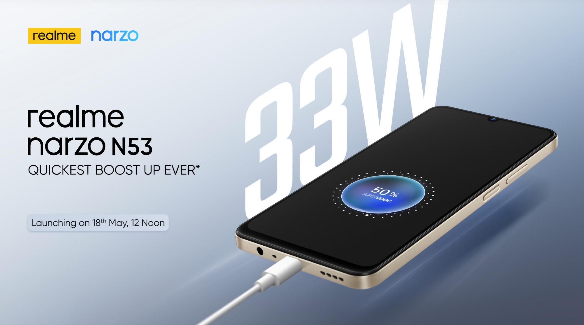 realme presenterà Narzo N53: uno smartphone economico con schermo LCD, batteria da 5000mAh e 33W di ricarica il 18 maggio