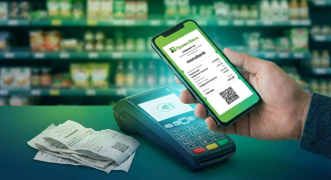 Електронний чек у смартфоні на фоні каси магазину