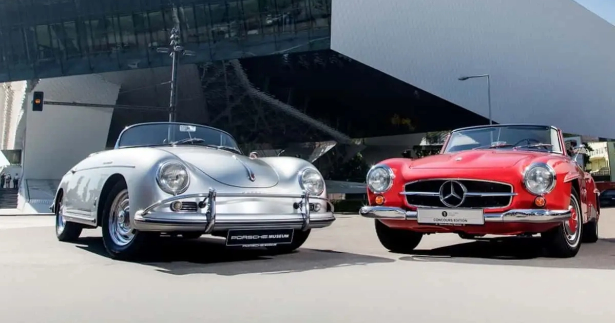 Rare shot: iconic Porsche 356 and Mercedes W111 next to the Porsche Museum