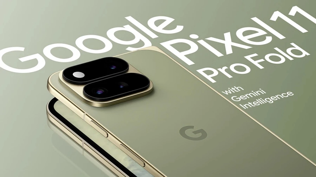 The redesigned camera block on the Pixel 11 Pro Fold in Pine, with the telephoto relocated to the upper-right corner.