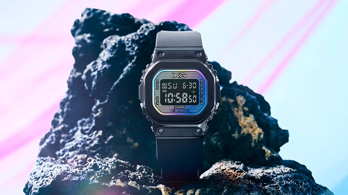 The GM-S5600XG-1's rainbow glass is vacuum-deposited individually on each unit, making every watch unique.