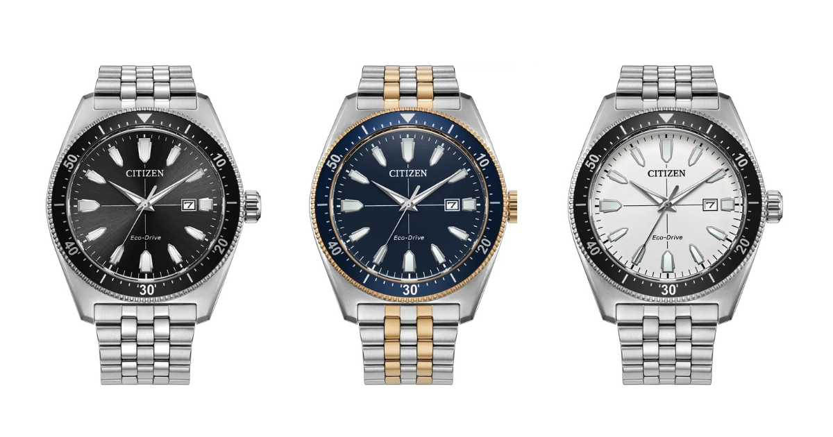 The Citizen Men's Sport line features a coin-edge bezel, applied indices, and a five-link steel bracelet across all three new models.