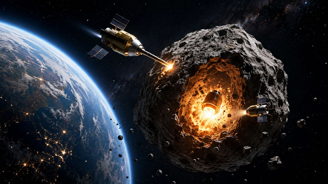 Illustration of a two-stage nuclear deflection mission: an impact module first drills a borehole, then a second spacecraft delivers the nuclear charge. Source: AI