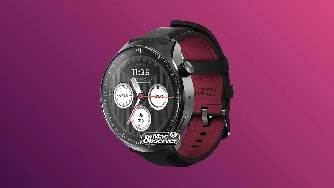Leaked render of the Moto Watch Ultra showing the rotating crown, side button, and black faux-leather strap with red stitching.