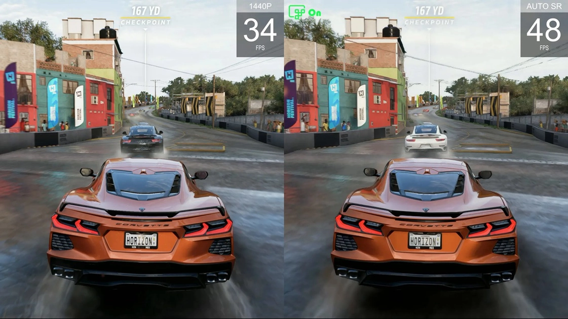 Auto SR upscales game output from 720p to a 1440p-quality image using the device's NPU.