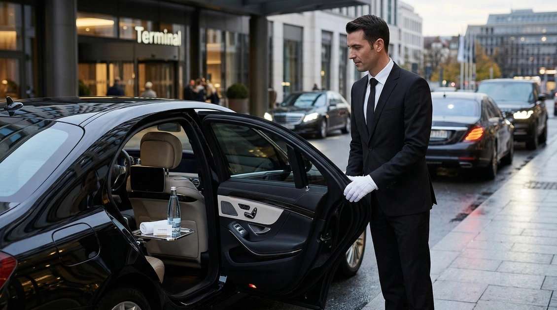 Chauffeur privé en costume devant une berline noire de luxe