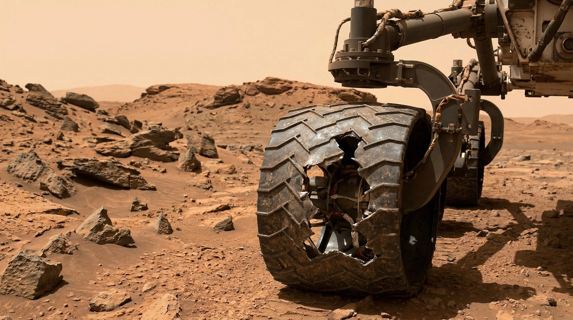 Пошкоджене колесо марсохода Curiosity на фоні ґрунту