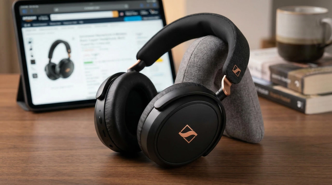 Casque Sennheiser Momentum 4 noir et cuivre sur fond blanc