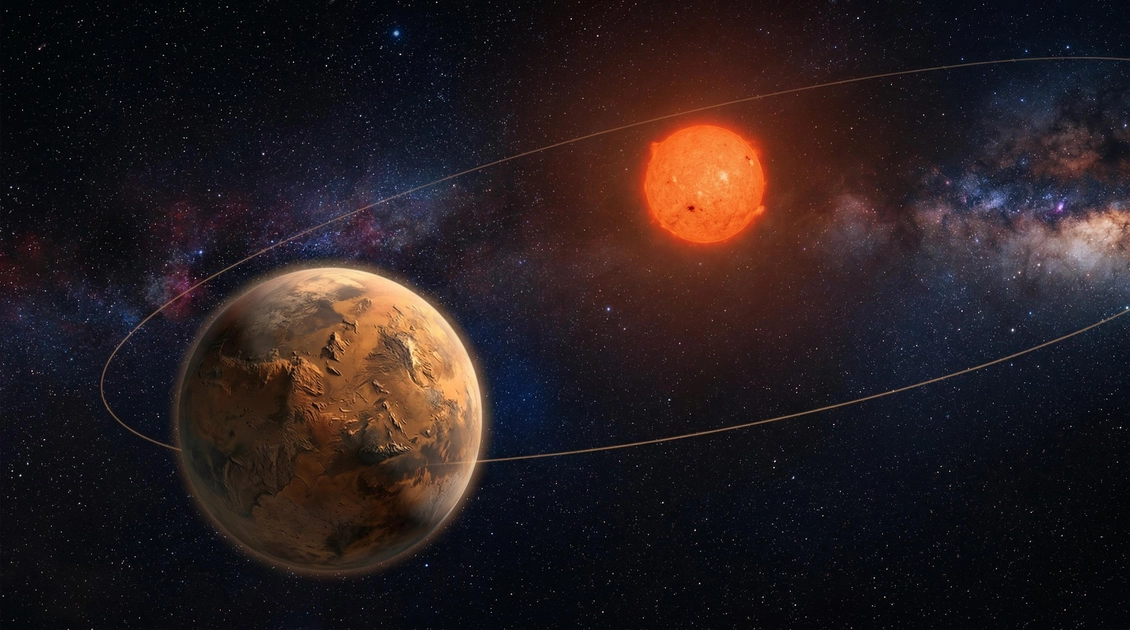 Художня візуалізація скелястої екзопланети біля зірки