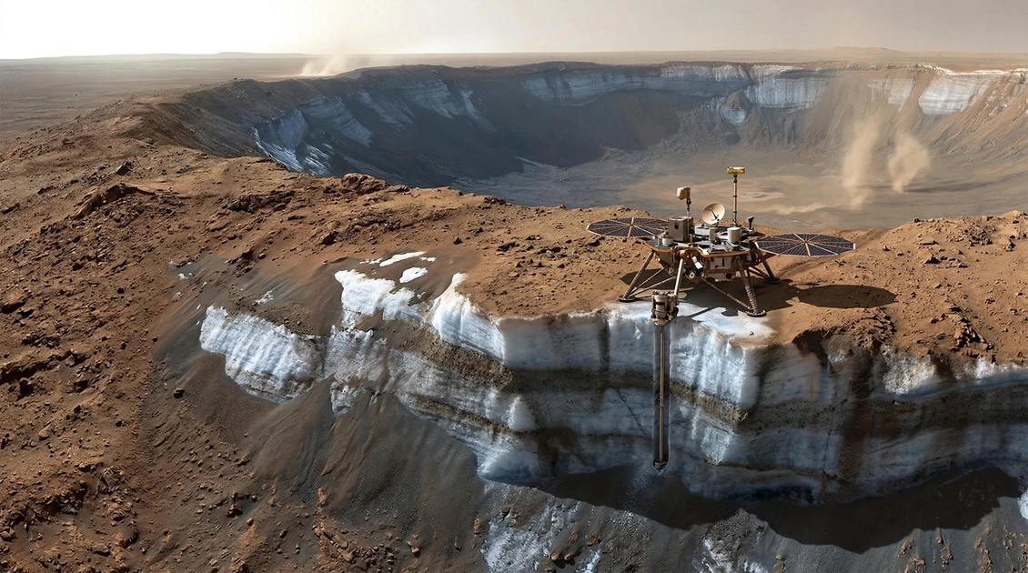 Поверхня Марса з покладами льоду в кратерах