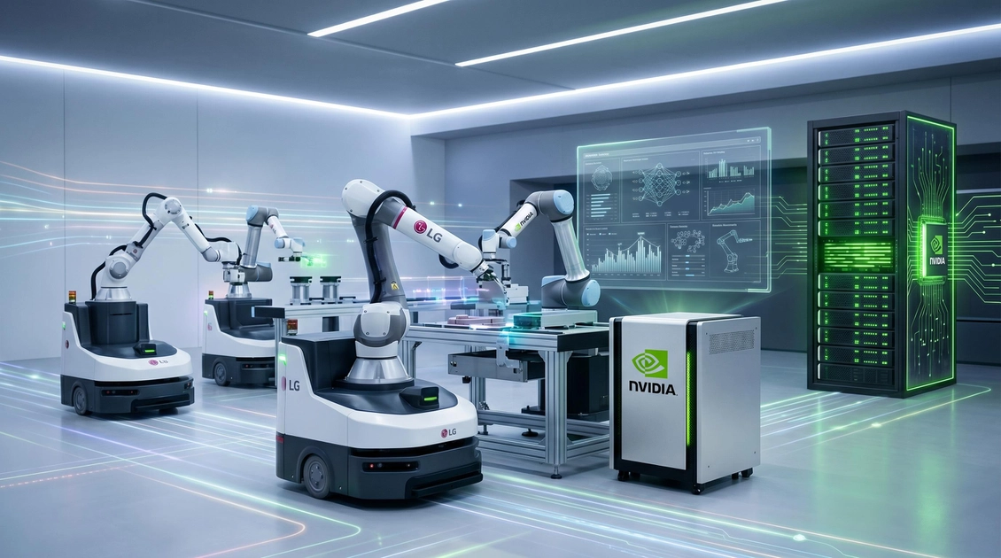 Логотипи LG та Nvidia на фоні технологічних платформ