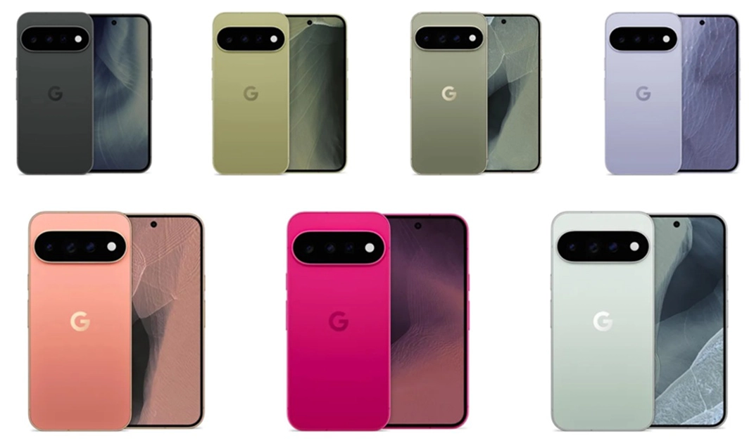 Le Pixel 11 de base dans ses coloris Obsidian, Hibiscus et Pistachio tels qu'ils sont apparus sur Amazon.