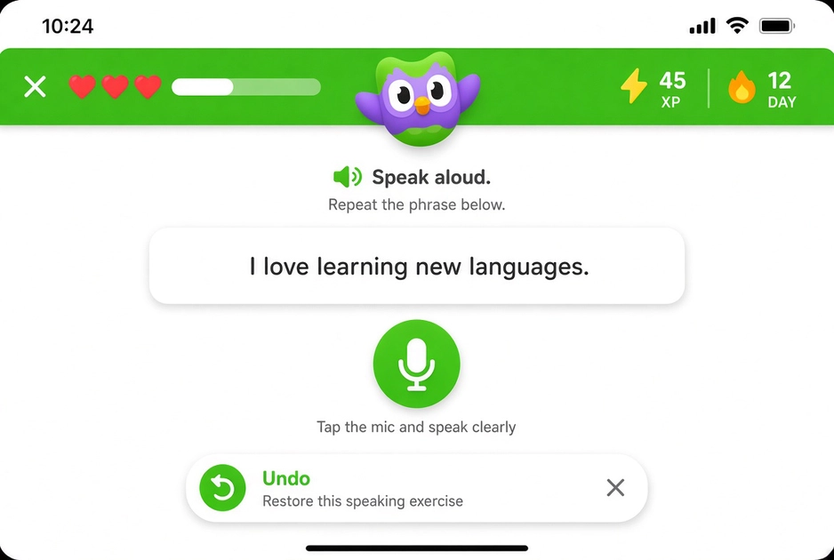 Інтерфейс застосунку Duolingo з новою кнопкою