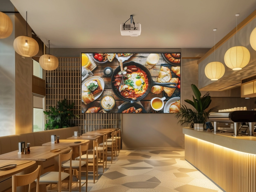 Dans un restaurant, le projecteur affiche des plats à l'écran