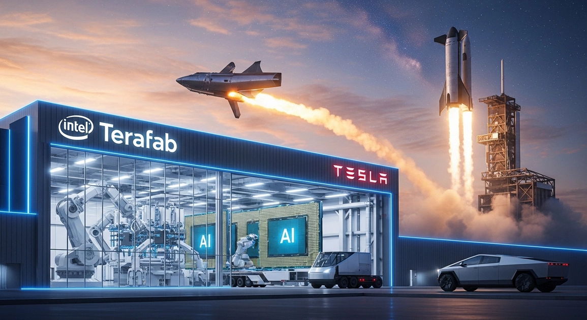 Usine de puces Intel et logo SpaceX