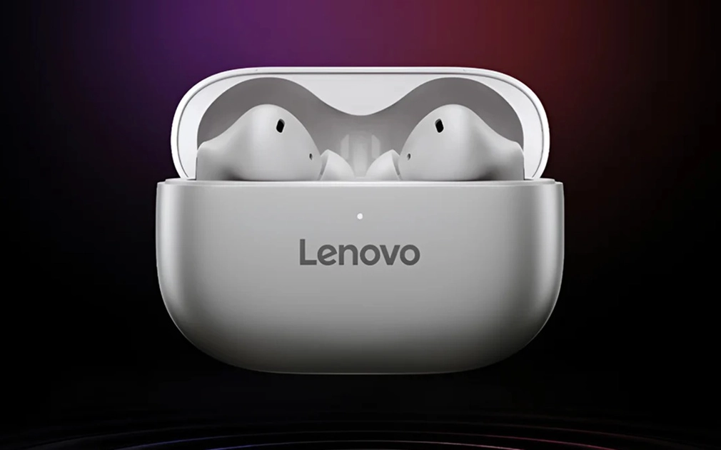Lenovo Yoga True Wireless Noise Cancelling Earbuds in their vertical charging case.