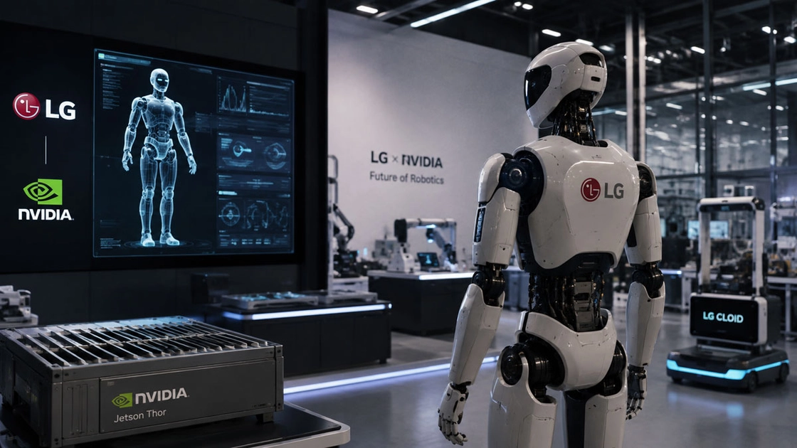 A miniature humanoid robot displayed by LG, signed by LG Corp. CEO Kwang Mo Koo and Nvidia CEO Jensen Huang. Image: LG Corp.