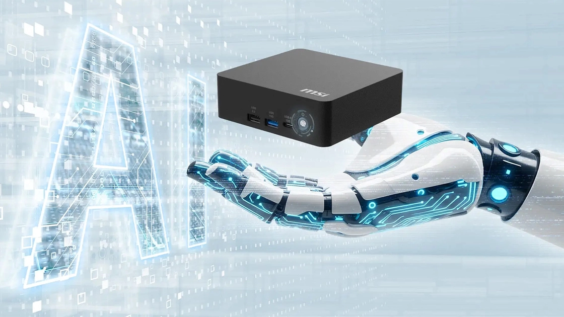 Міні-ПК MSI Cubi NUC AI+ на фоні монітора