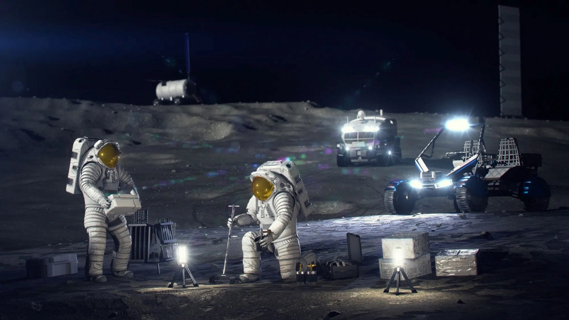 Models of the Blue Origin Mark 1 lunar lander, Astrolab rover, Lunar Outpost Pegasus rover, and Firefly Elytra Dark orbital vehicle. Photo: NASA / Aubrey Gemignani