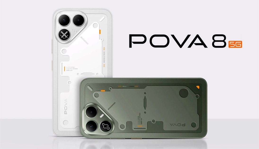 Tecno Pova 8 5G — the semi-transparent back and Alive Matrix panel visible alongside the camera module.