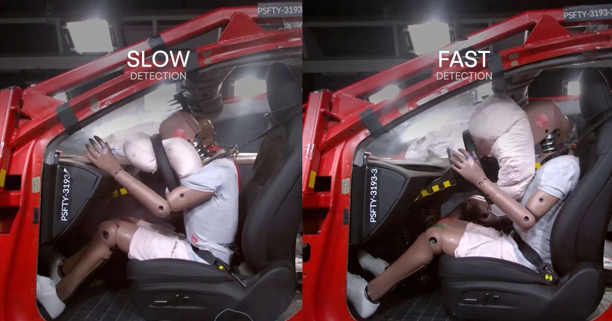 Tesla Vision uses the car's existing cameras to predict imminent frontal collisions and trigger airbags before impact.