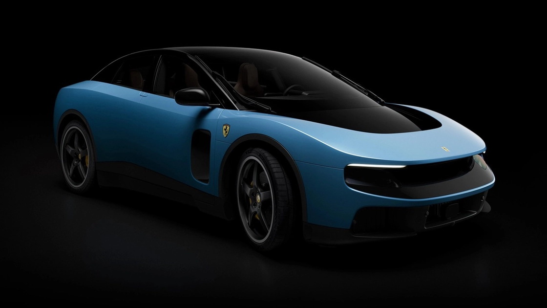 The Ferrari Luce's teardrop body sits on 23-inch front and 24-inch rear wheels — the largest ever on a series-production Ferrari.