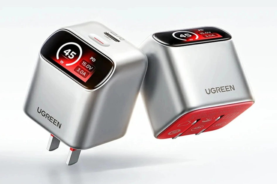 Ugreen's 45W GaN charger features a 45-degree angled display showing live charging data.